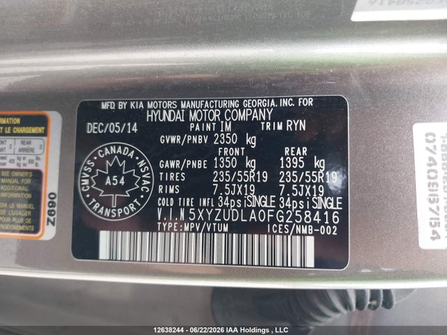 12638244 :رقم المزاد ، 5XYZUDLA0FG258416 vin ، 2015 Hyundai Santa Fe Sport 2.0t Limited مزاد بيع