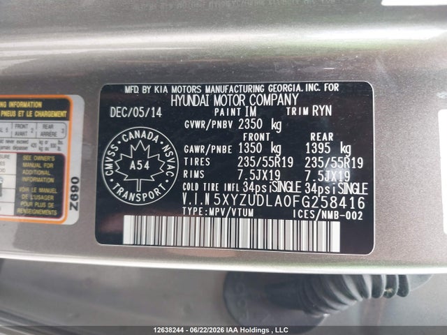 12638244 :رقم المزاد ، 5XYZUDLA0FG258416 vin ، 2015 Hyundai Santa Fe Sport 2.0t Limited مزاد بيع