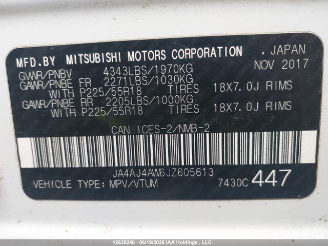 JA4AJ4AW6JZ605613 Mitsubishi Rvr Se Limited/gt