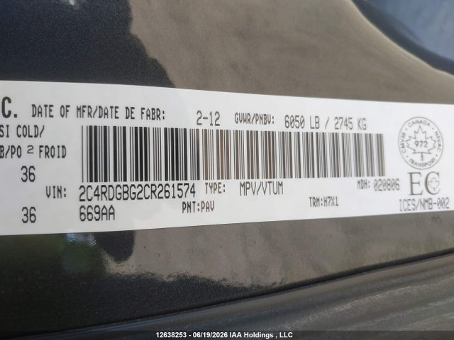 12638253 :رقم المزاد ، 2C4RDGBG2CR261574 vin ، 2012 Dodge Grand Caravan Se مزاد بيع