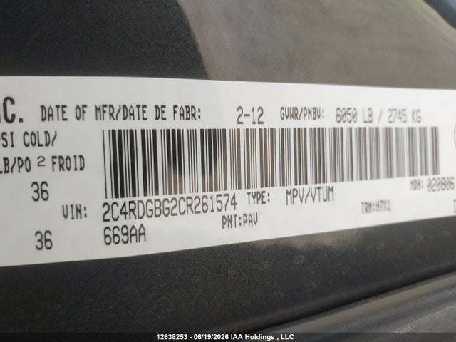 12638253 :رقم المزاد ، 2C4RDGBG2CR261574 vin ، 2012 Dodge Grand Caravan Se مزاد بيع