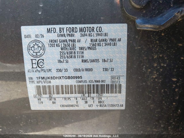 12638258 :رقم المزاد ، 1FMUK8DHXTGB00995 vin ، 2026 Ford Explorer Active مزاد بيع
