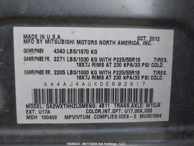 Продаж на аукціоні авто 2013 Mitsubishi Rvr Gt, vin: 4A4AJ4AUXDE602917, номер лоту: 12636233