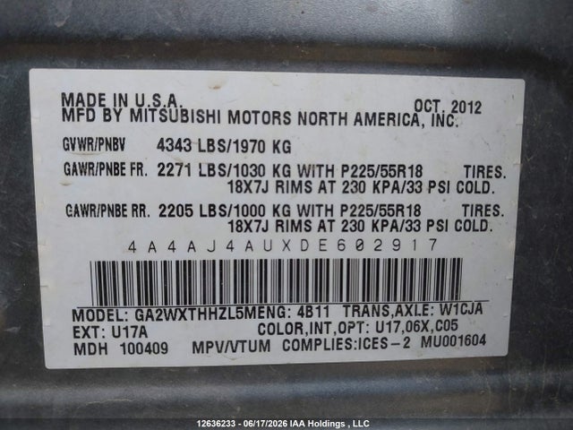 Продаж на аукціоні авто 2013 Mitsubishi Rvr Gt, vin: 4A4AJ4AUXDE602917, номер лоту: 12636233