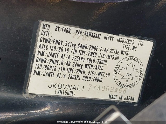 2000 Kawasaki Vn1500 L მანქანა იყიდება აუქციონზე, vin: JKBVNAL17YA002468, აუქციონის ნომერი: 12638262