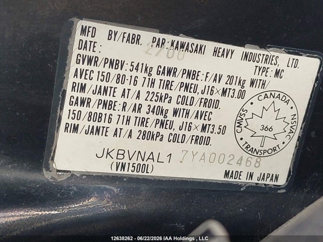 2000 Kawasaki Vn1500 L მანქანა იყიდება აუქციონზე, vin: JKBVNAL17YA002468, აუქციონის ნომერი: 12638262