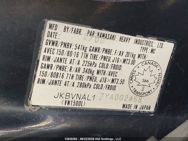 2000 Kawasaki Vn1500 L მანქანა იყიდება აუქციონზე, vin: JKBVNAL17YA002468, აუქციონის ნომერი: 12638262