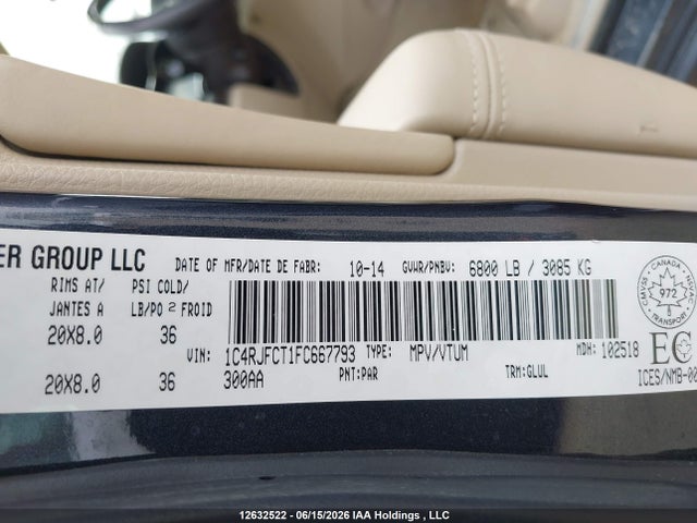 2015 Jeep Grand Cherokee Overland მანქანა იყიდება აუქციონზე, vin: 1C4RJFCT1FC667793, აუქციონის ნომერი: 12632522