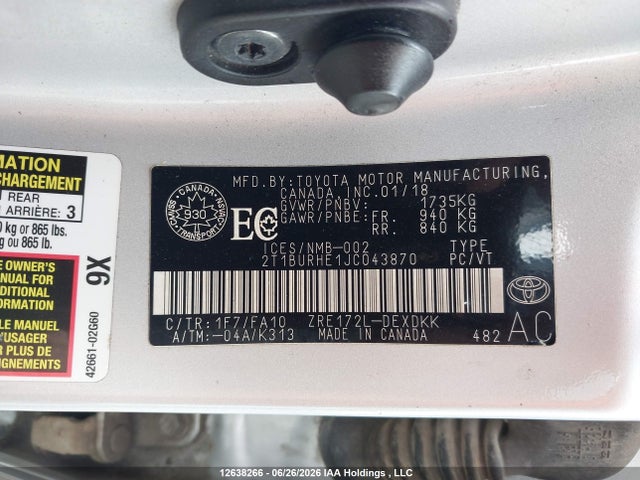 2018 Toyota Corolla Ce მანქანა იყიდება აუქციონზე, vin: 2T1BURHE1JC043870, აუქციონის ნომერი: 12638266
