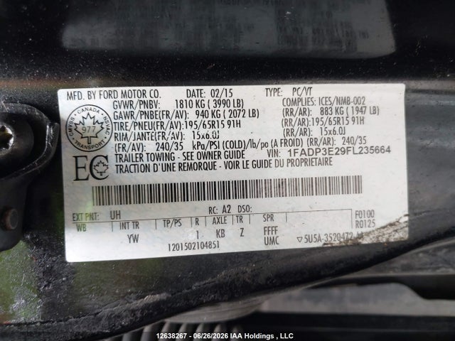2015 Ford Focus S მანქანა იყიდება აუქციონზე, vin: 1FADP3E29FL235664, აუქციონის ნომერი: 12638267