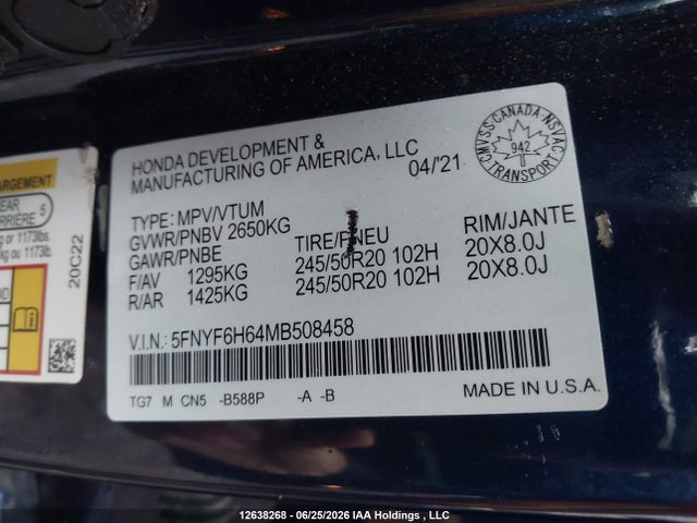 Honda Pilot Touring 2021 5FNYF6H64MB508458 Image 9