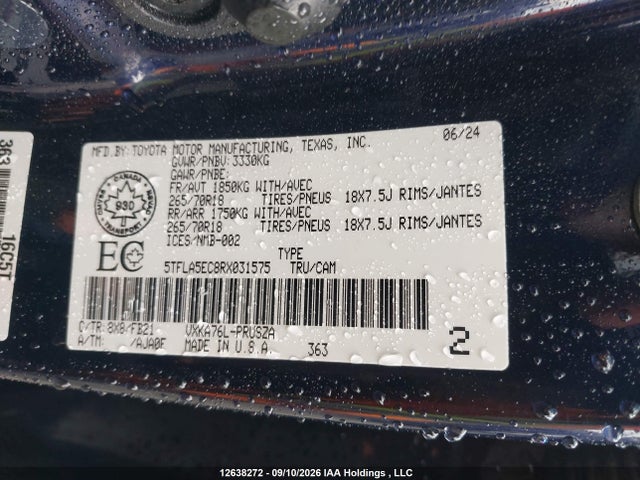 12638272 :رقم المزاد ، 5TFLA5EC8RX031575 vin ، 2024 Toyota Tundra مزاد بيع