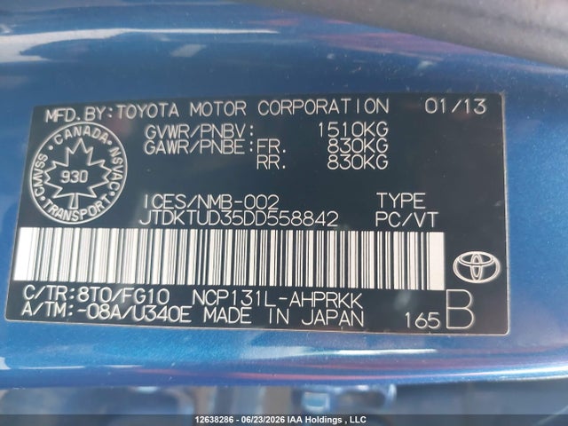 Aukcja sprzedaży 2013 Toyota Yaris, vin: JTDKTUD35DD558842, numer aukcji: 12638286