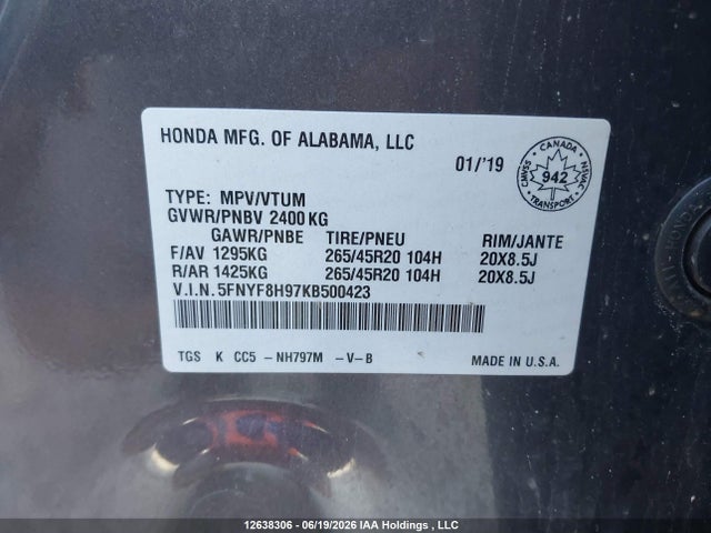 Продаж на аукціоні авто 2019 Honda Passport Touring, vin: 5FNYF8H97KB500423, номер лоту: 12638306