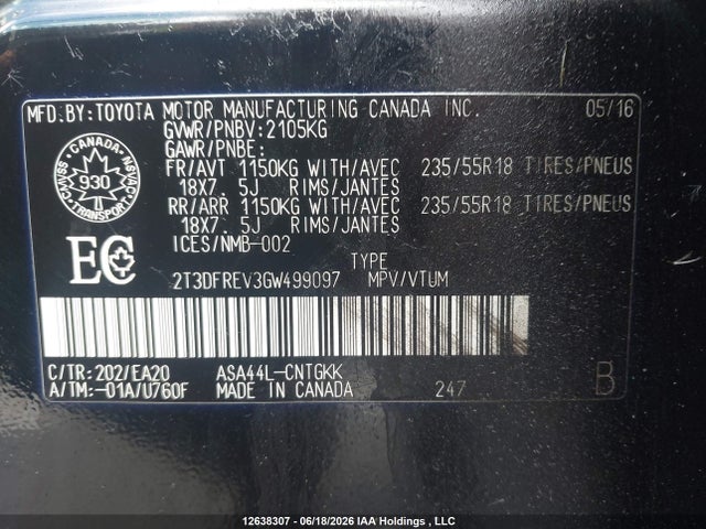 2016 Toyota Rav4 მანქანა იყიდება აუქციონზე, vin: 2T3DFREV3GW499097, აუქციონის ნომერი: 12638307