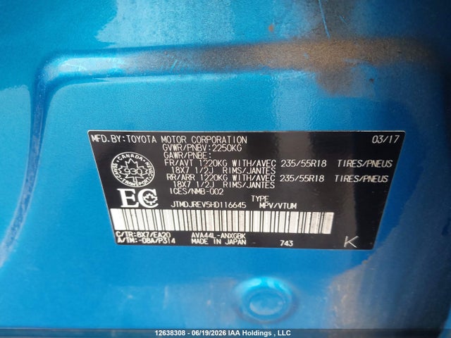 2017 Toyota Rav4 Hv Limited მანქანა იყიდება აუქციონზე, vin: JTMDJREV5HD116645, აუქციონის ნომერი: 12638308