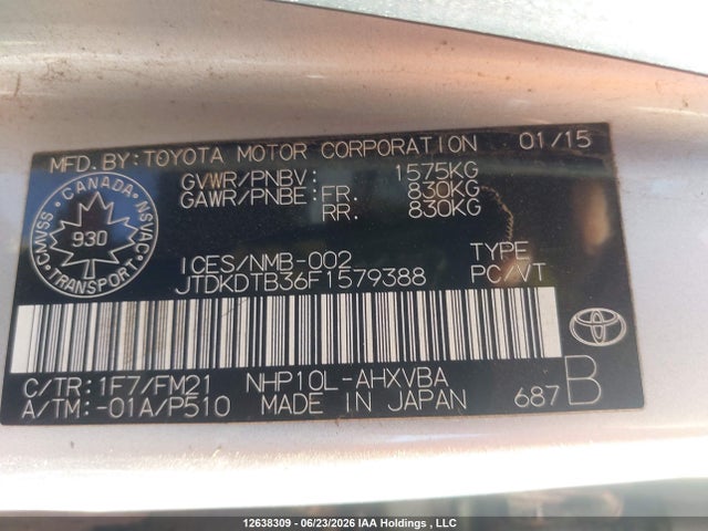 Toyota PRIUS C 2015 JTDKDTB36F1579388 Image 9
