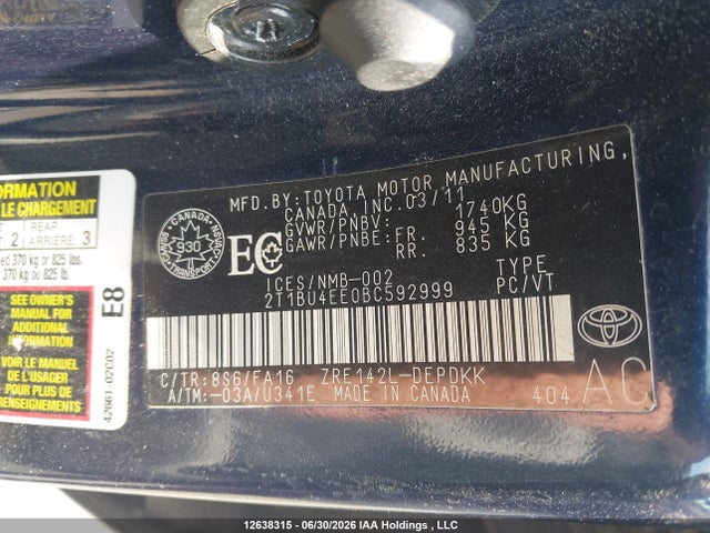 Продажа на аукционе авто 2011 Toyota Corolla Ce, vin: 2T1BU4EE0BC592999, номер лота: 12638315