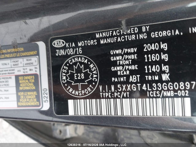 KIA Optima Lx/lx+ 2016 5XXGT4L33GG089753 Image 9