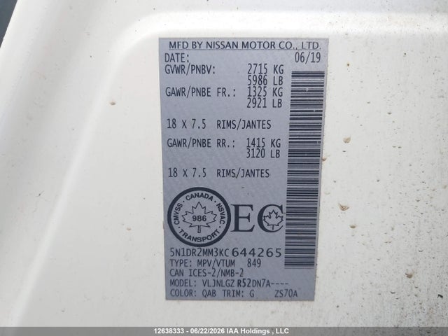 Aukcja sprzedaży 2019 Nissan Pathfinder Platinum/s/sl Premium/sv Tech, vin: 5N1DR2MM3KC644265, numer aukcji: 12638333