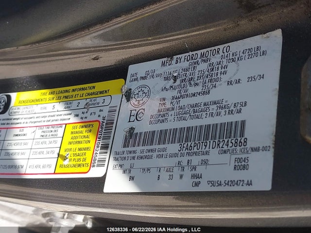 12638336 :رقم المزاد ، 3FA6P0T91DR245868 vin ، 2013 Ford Fusion Se مزاد بيع
