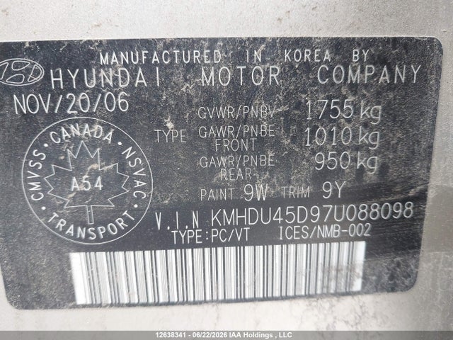 Aukcja sprzedaży 2007 Hyundai Elantra Gl/gls, vin: KMHDU45D97U088098, numer aukcji: 12638341