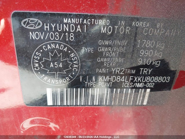 Продаж на аукціоні авто 2019 Hyundai Elantra, vin: KMHD84LFXKU808803, номер лоту: 12638349