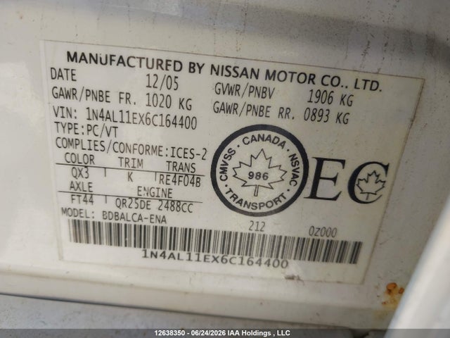 Aukcja sprzedaży 2006 Nissan Altima 2.5 S, vin: 1N4AL11EX6C164400, numer aukcji: 12638350