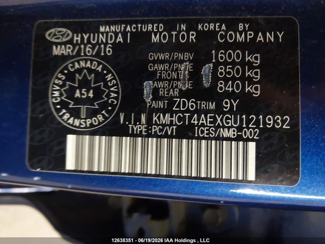 Aukcja sprzedaży 2016 Hyundai Accent Gl, vin: KMHCT4AEXGU121932, numer aukcji: 12638351