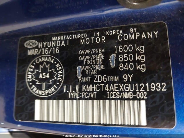 Aukcja sprzedaży 2016 Hyundai Accent Gl, vin: KMHCT4AEXGU121932, numer aukcji: 12638351