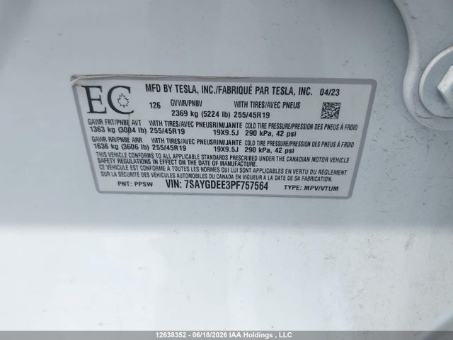Продаж на аукціоні авто 2023 Tesla Model Y Long Range, vin: 7SAYGDEE3PF757564, номер лоту: 12638352