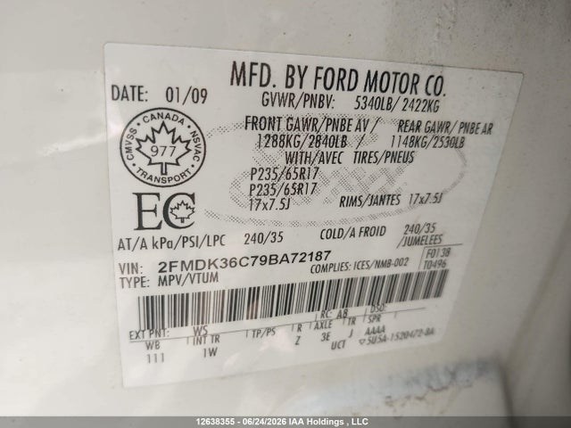 2009 Ford Edge Se მანქანა იყიდება აუქციონზე, vin: 2FMDK36C79BA72187, აუქციონის ნომერი: 12638355