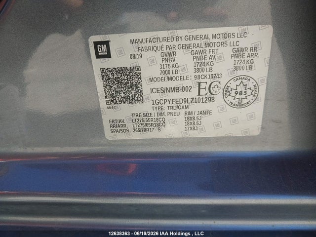 12638363 :رقم المزاد ، 1GCPYFED9LZ101298 vin ، 2020 Chevrolet Silverado 1500 Lt Trail Boss مزاد بيع