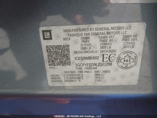 12638363 :رقم المزاد ، 1GCPYFED9LZ101298 vin ، 2020 Chevrolet Silverado 1500 Lt Trail Boss مزاد بيع