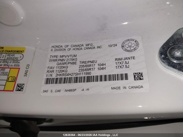 12638364 :رقم المزاد ، 2HKRS4H27SH111990 vin ، 2025 Honda Cr-v مزاد بيع