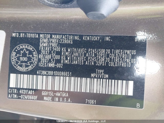 Продаж на аукціоні авто 2013 Toyota Venza Base V6, vin: 4T3BK3BB1DU086651, номер лоту: 12638371