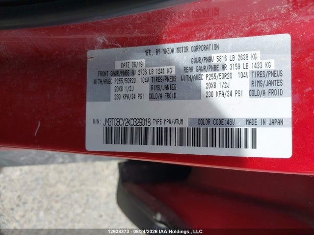 12638373 :رقم المزاد ، JM3TCBCY2K0329018 vin ، 2019 Mazda Cx-9 Gs-l مزاد بيع
