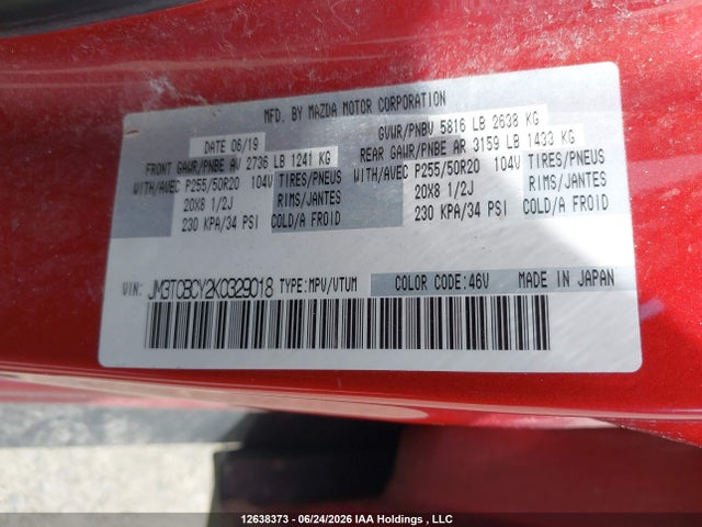 12638373 :رقم المزاد ، JM3TCBCY2K0329018 vin ، 2019 Mazda Cx-9 Gs-l مزاد بيع