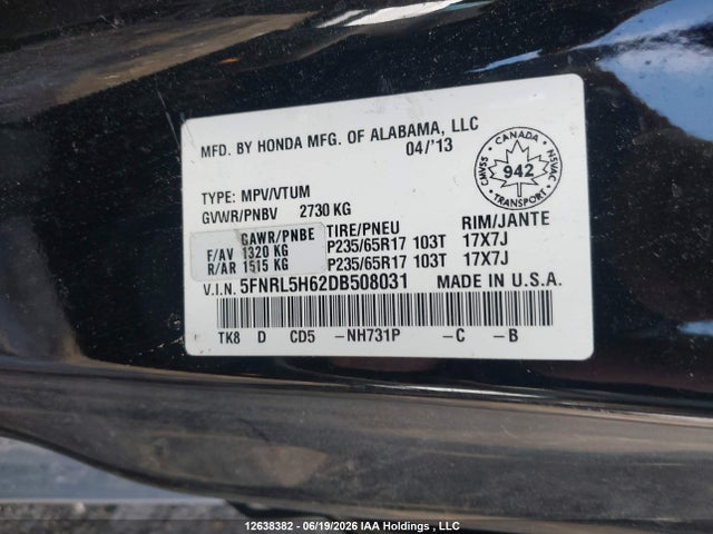 Aukcja sprzedaży 2013 Honda Odyssey Ex-l, vin: 5FNRL5H62DB508031, numer aukcji: 12638382