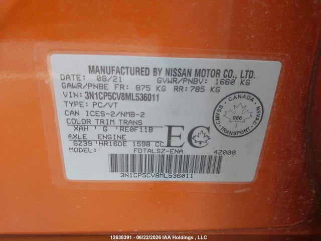 Продажа на аукционе авто 2021 Nissan Kicks Sv, vin: 3N1CP5CV8ML536011, номер лота: 12638391