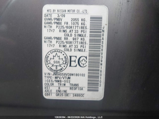 Aukcja sprzedaży 2009 Nissan Rogue, vin: JN8AS58V39W180102, numer aukcji: 12638394