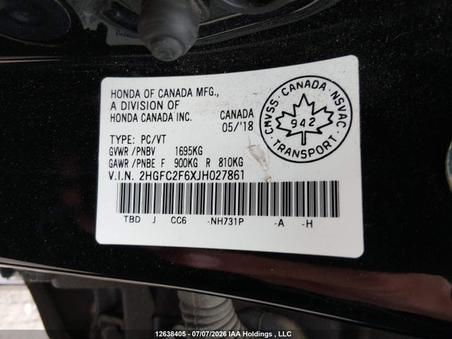 Honda CIVIC SE 2018 2HGFC2F6XJH027861 Image 9