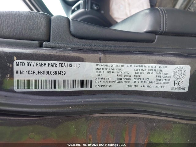 Aukcja sprzedaży 2020 Jeep Grand Cherokee Limited, vin: 1C4RJFBG9LC361439, numer aukcji: 12638406
