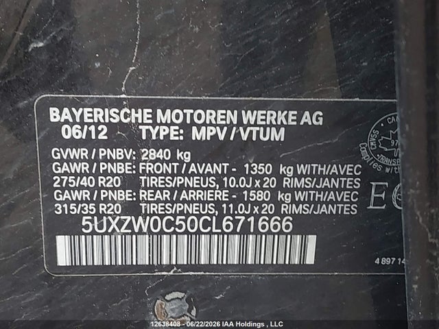2012 Bmw X5 Xdrive35d მანქანა იყიდება აუქციონზე, vin: 5UXZW0C50CL671666, აუქციონის ნომერი: 12638408