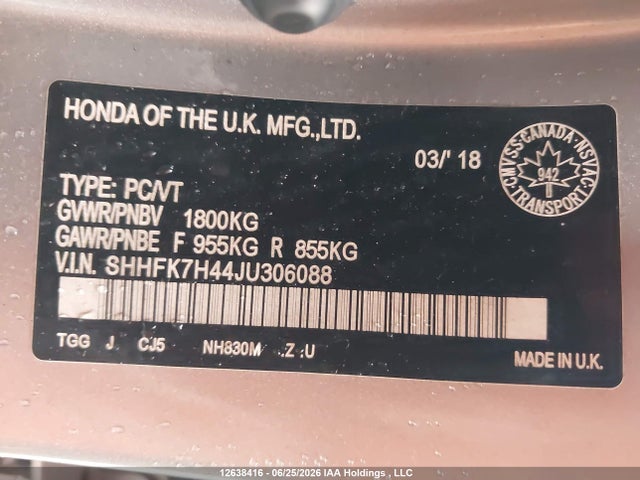 12638416 :رقم المزاد ، SHHFK7H44JU306088 vin ، 2018 Honda Civic Sport مزاد بيع