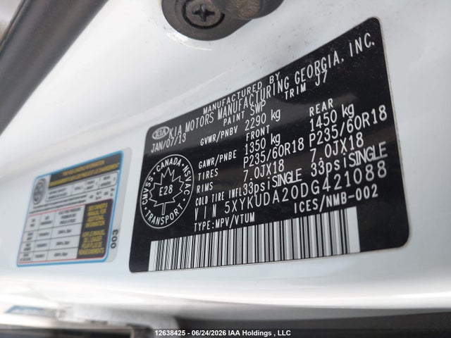 Aukcja sprzedaży 2013 Kia Sorento Ex, vin: 5XYKUDA20DG421088, numer aukcji: 12638425