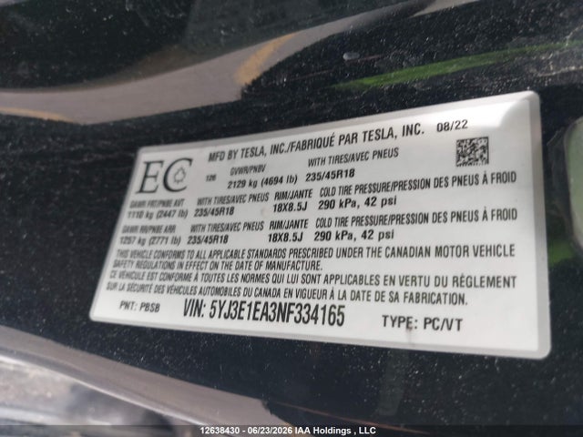Tesla Model 3 Rwd/standard Range 2022 5YJ3E1EA3NF334165 Image 9