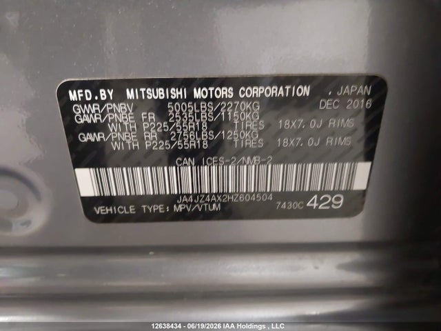 Aukcja sprzedaży 2017 Mitsubishi Outlander Gt, vin: JA4JZ4AX2HZ604504, numer aukcji: 12638434