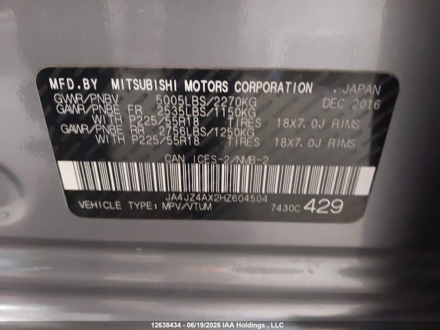 Aukcja sprzedaży 2017 Mitsubishi Outlander Gt, vin: JA4JZ4AX2HZ604504, numer aukcji: 12638434