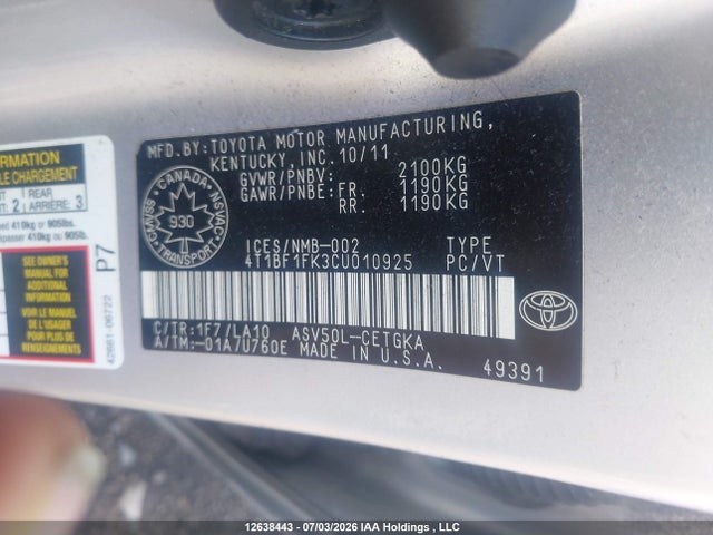 2012 Toyota Camry Xle მანქანა იყიდება აუქციონზე, vin: 4T1BF1FK3CU010925, აუქციონის ნომერი: 12638443